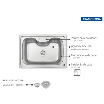 Cuba Pia Cozinha Tramontina 69x49cm Inox Escovado Morgana 60 FX Undermount com Válvula
