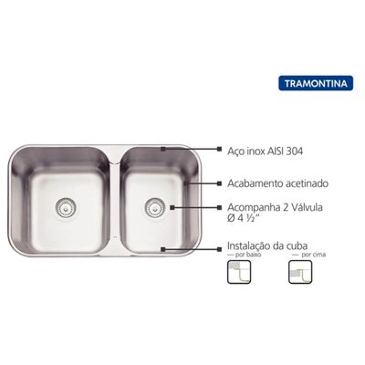 Cuba Dupla Embutir ou Sobrepor Tramontina Aço Inox 16L e 12L Acabamento Escovado