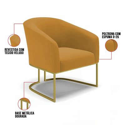 Poltrona Sala Decorativa Kit 2 Stella Base Industrial Dourada Veludo Mostarda D03 - D'Rossi