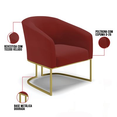 Poltrona Sala Decorativa Kit 2 Stella Base Industrial Dourada Veludo Marsala D03 - D'Rossi