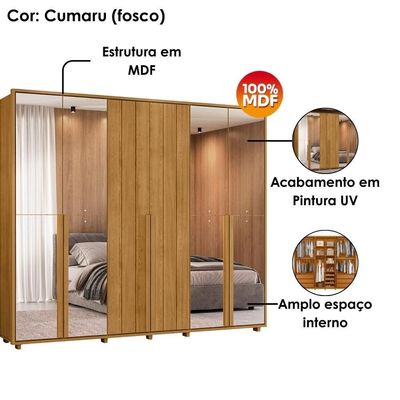 Guarda Roupa Casal Volpi 6 Portas Com Espelhos Mdf 278 Cm Cumaru Madetec