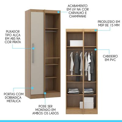 Guarda Roupa De Canto Modulado 1 Porta Selene Menu Móveis Carvalho