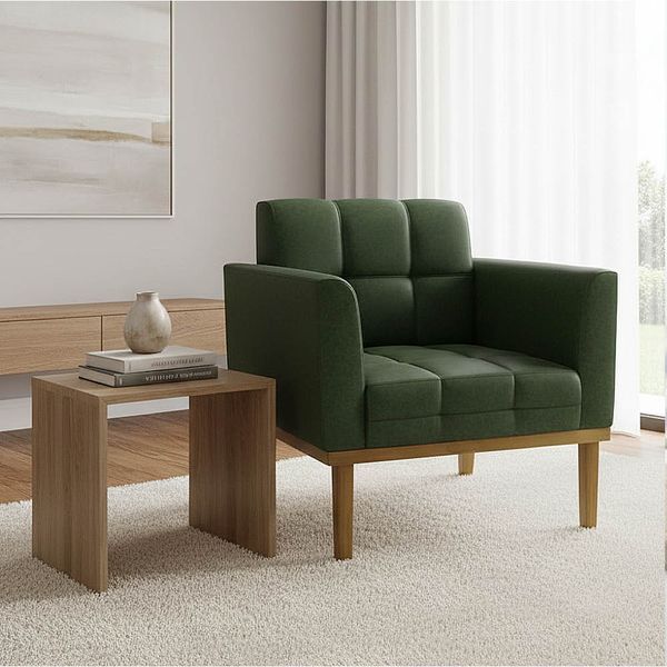 Poltrona Sala Decorativa Elisa Base Madeira Fixa Castanho Sintético PU Verde D03 - D'Rossi