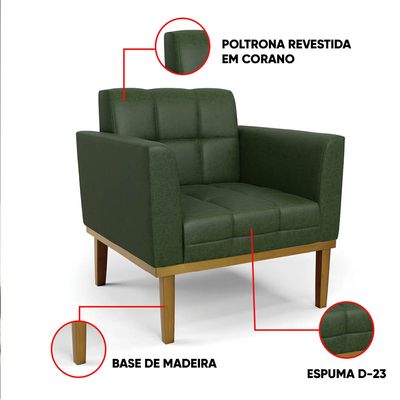 Poltrona Sala Decorativa Elisa Base Madeira Fixa Castanho Sintético PU Verde D03 - D'Rossi
