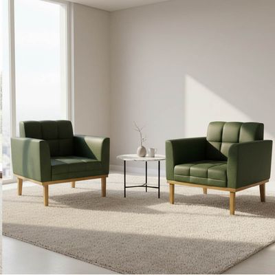 Poltrona Sala Decorativa Kit 2 Elisa Base Madeira Castanho Sintético PU Verde D03 - D'Rossi