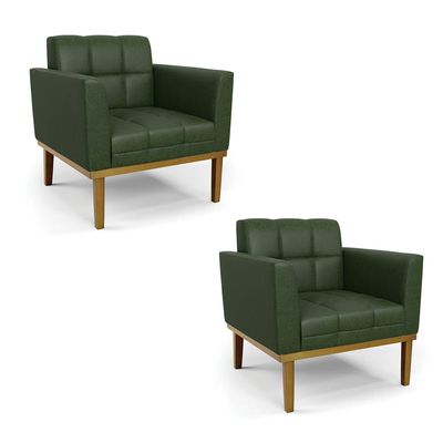 Poltrona Sala Decorativa Kit 2 Elisa Base Madeira Castanho Sintético PU Verde D03 - D'Rossi