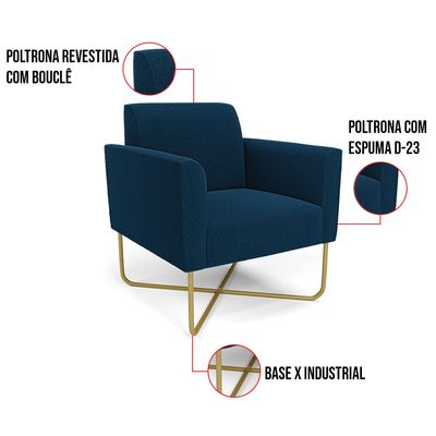 Poltrona Sala Base X Industrial Dourado Marisa Bouclê Azul D03 - D'Rossi