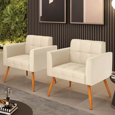 Poltrona Sala Decorativa Kit 2 Elisa Pé Palito Castanho Sintético PU Bege D03 - D'Rossi