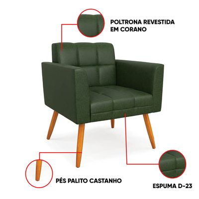 Poltrona Sala Decorativa Elisa Pé Palito Castanho Sintético PU Verde D03 - D'Rossi