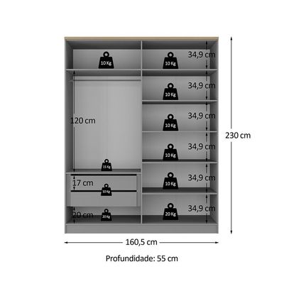 Guarda-Roupa Solteiro Brescia 4 Portas 2 Gavetas Cinza