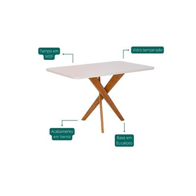 Conjunto de Mesa Retangular com Tampo de Vidro Off White Cacau e 4 Cadeiras Sabiá Revestimento Sintético Marrom e Cinamomo