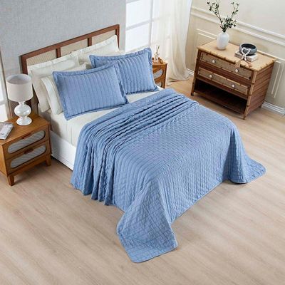 Kit Colcha Cobre Leito Scarpa Plissê King Seersucker 3 Peças Maciez E Leveza Textura  Azul Mineral