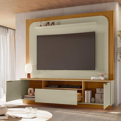 Painel Home Theater Nilo Para Tv 75 Pol 2 Portas 200 Cm Cumaru Opala Madetec Cumaru Opala
