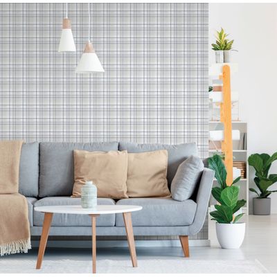 Papel de Parede Essential Xadrez Grid Bege Cinza Com Azul ES98193