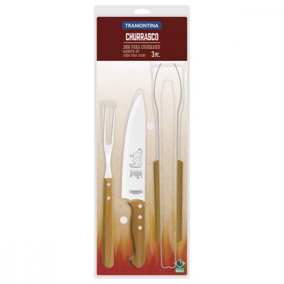 Jogo para Churrasco Tramontina com Laminas em Aço Inox e Cabos de Madeira Natural 3 Peças