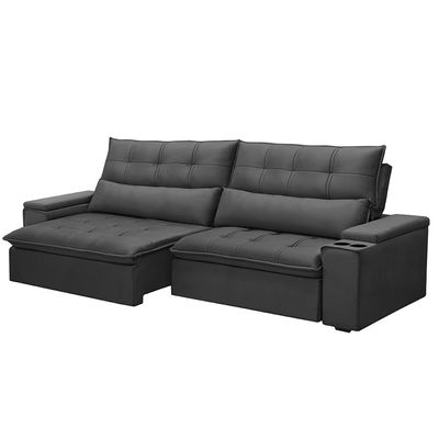 Sofá Retrátil e Reclinável 4 Lugares 250cm Robem Porta Copos no Braço Veludo Grafite G22 - Gran Belo
