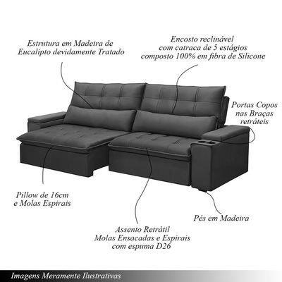 Sofá Retrátil e Reclinável 4 Lugares 250cm Robem Porta Copos no Braço Veludo Grafite G22 - Gran Belo