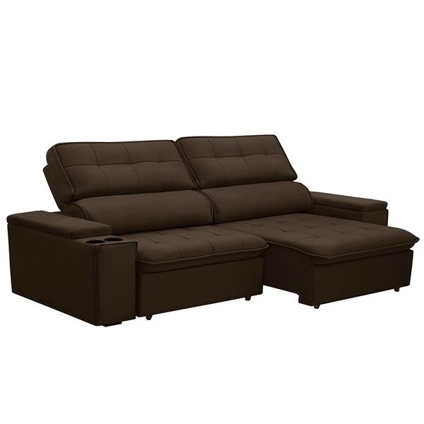 Sofá Retrátil e Reclinável 3 Lugares 230cm Zoho Porta Copos no Braço Veludo Marrom G22 - Gran Belo