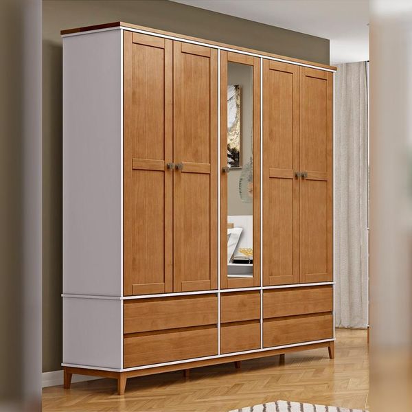 Guarda Roupa Decorativo Every Madeira Bipartido 5 Portas com Espelho  OffWhite/Freijó G74 - Gran Belo