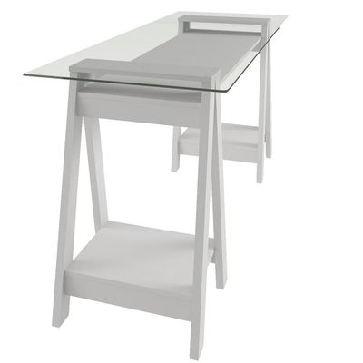 Mesa Para Escritório Escrivaninha Home Office Tampo De Vidro 150x75 Cristal A02 Branco - Lyam Decor