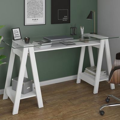 Mesa Para Escritório Escrivaninha Home Office Tampo De Vidro 150x75 Cristal A02 Branco - Lyam Decor