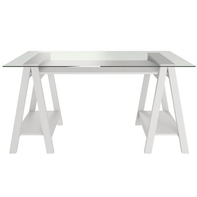 Mesa Para Escritório Escrivaninha Home Office Tampo De Vidro 150x75 Cristal A02 Branco - Lyam Decor