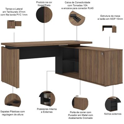 Mesa Para Escritório Home Office em L 170X155cm Unik A02 Nogal Preto - Lyam Decor