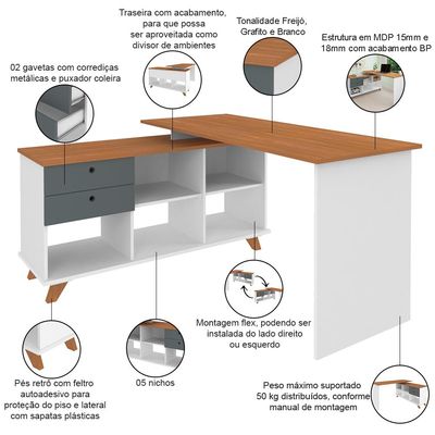 Mesa Para Escritório Home Office Escrivaninha Gold A02 Freijó Grafito Branco - Lyam Decor