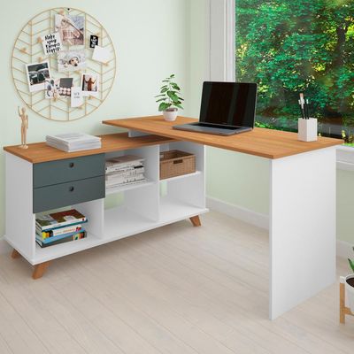 Mesa Para Escritório Home Office Escrivaninha Gold A02 Freijó Grafito Branco - Lyam Decor