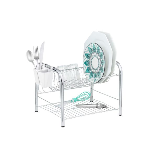 Escorredor de Louça Duplo Cromado 16 Pratos 05 Copos Porta Talher Plástico Branco