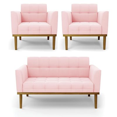 Conjunto 2 Poltronas e 1 Namoradeira Decorativa Karen Pés Fixo em Madeira Castanho Suede Rosa Bebê G19 - Gran Belo