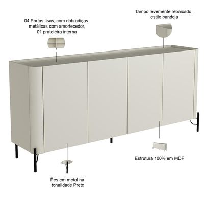 Aparador Buffet Para Sala de Jantar 4 Portas Pés Industrial Preto Naim I03 Luna - Lyam Decor