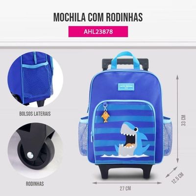 Kit Mochila Com Rodinhas E Lancheira Térmica Com Pote P/ Lanche Azul