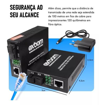 Par de Conversor Mídia Fibra Óptica A+B para RJ45 Gigabit 1000Mbps