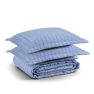 Cobre Leito Casal Padrão Plissê Seersucker e Matelado Ultrassônico 03 Peças 100% Poliéster - Azul Mineral