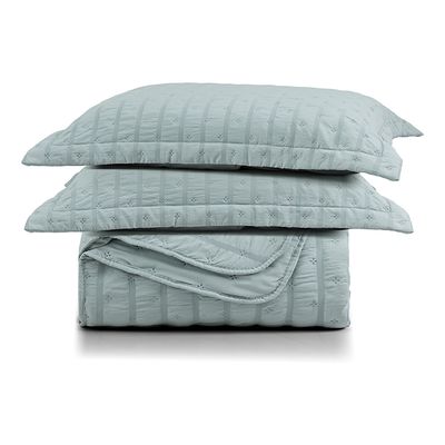 Cobre Leito King Plissê Seersucker e Matelado Ultrassônico 03 Peças 100% Poliéster - Verde Essencial