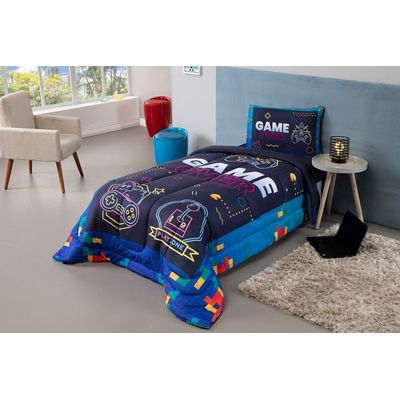 Kit Edredom + Lençol Plush Fofinho Infantil Dupla Face Dream 3 Peças Solteiro - Video Game