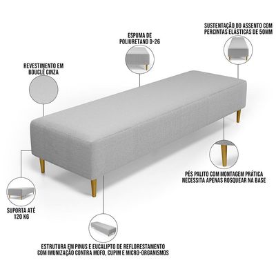 Puff Decorativo Sala de Estar Bali W01 Pés Palito 190x60cm Bouclê Cinza - Lyam Decor