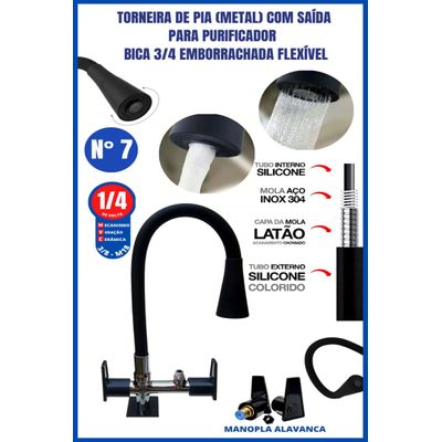 Torneira Pia Metal Com Saída Para Purificador Bica 3/4 Emborrachada Flexível Manopla Alavanca