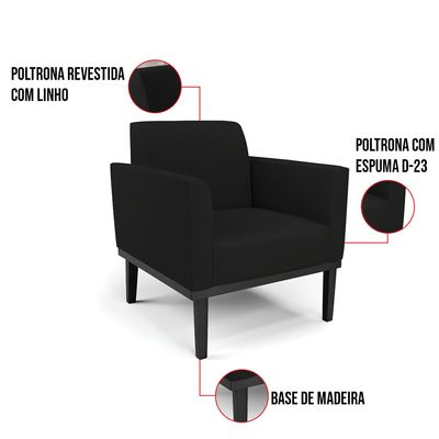 Poltrona Base de Madeira Fixa Preto Marisa Linho Preto A79