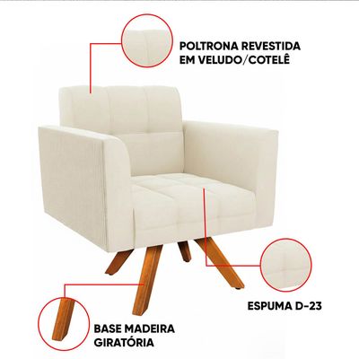 Poltrona Sala Decorativa Kit 2 Elisa Giratória Castanho MM30 Cotelê Ext/Veludo Bege D03 - D'Rossi
