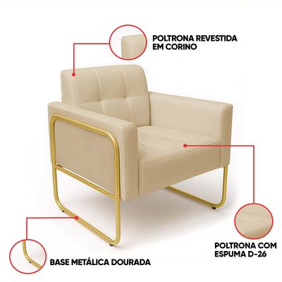 Poltrona Sala Decorativa Elisa Base Tubular Alta Dourada Sintético PU Bege D03 - D'Rossi