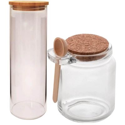 Kit Saleiro Tampa de Rolha e Pote Hermético Tampa Bambu Vidro Porta Tempero