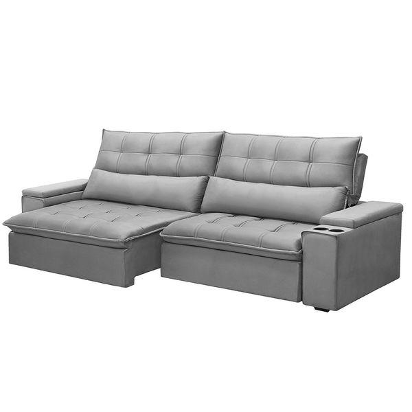 Sofá Retrátil e Reclinável 3 Lugares 210cm Robem Porta Copos no Braço Veludo Cinza G22 - Gran Belo