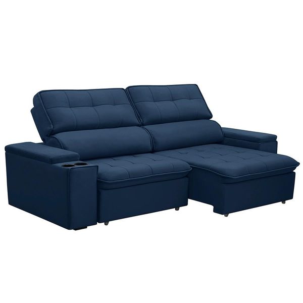 Sofá Retrátil e Reclinável 4 Lugares 250cm Zoho Porta Copos no Braço Veludo Azul G22 - Gran Belo