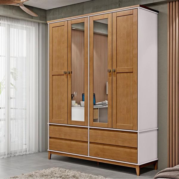Guarda Roupa Decorativo Every Madeira Bipartido 4 Portas com Espelho OffWhite/Freijó G74 - Gran Belo
