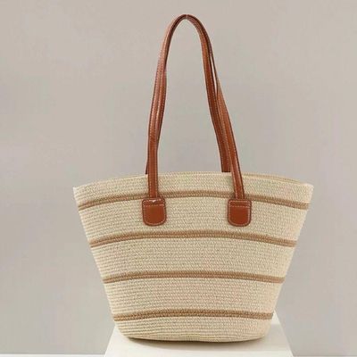 Bolsa De Palha Grande Com Forro Para Praia, Piscina, Férias E Uso Diário - Bege Listrada