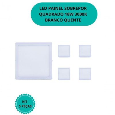 Plafon Led Sobrepor 18w Quadrado 3000k Branco Quente Bivolt - Kit Com 5 Un.