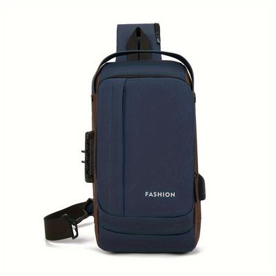 Mochila De Peito Masculina à Prova D'água Com Trava De Código Usb Alta Qualidade Cores:azul-1