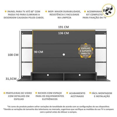 Painel Tv 60 com Suporte Espelho e Prateleiras Vidro Grafite
